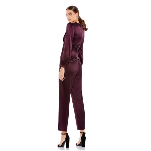 NWT Mac Duggal FRONT TWIST PUFF SLEEVE DEEP V JUMPSUIT, Size 12, Plum, #2647 - Picture 8 of 8